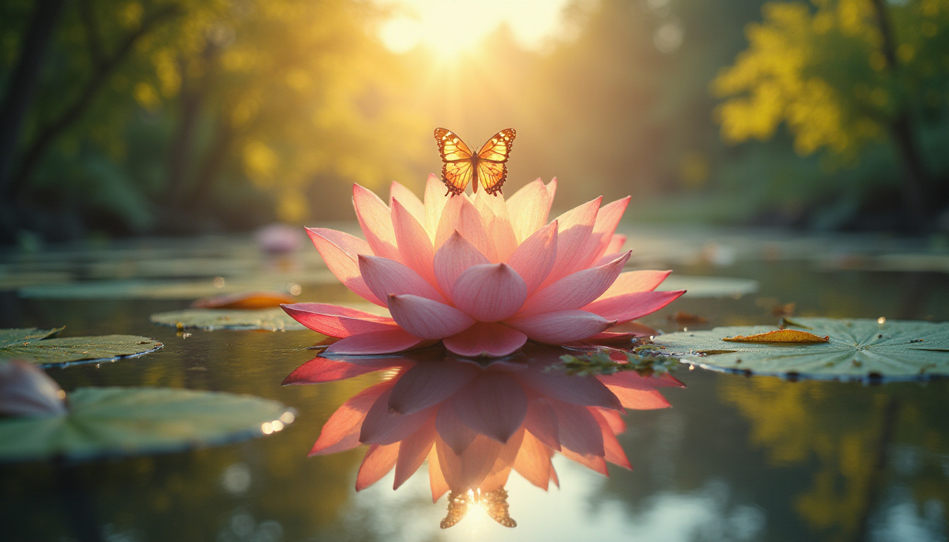 Lotus blossoming into radiant butterfly above serene lake, subtle golden light, transformation
