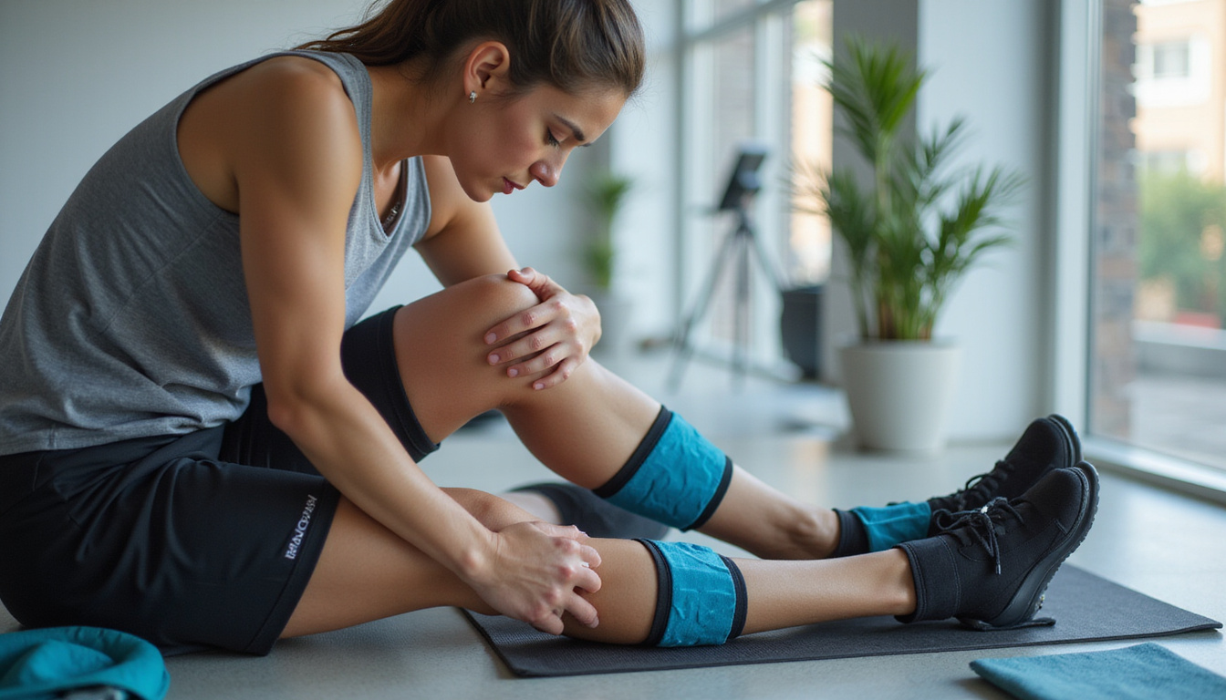  Therapist massaging tired legs of athlete beside net, ice packs, compression sleeves, restorative atmosphere