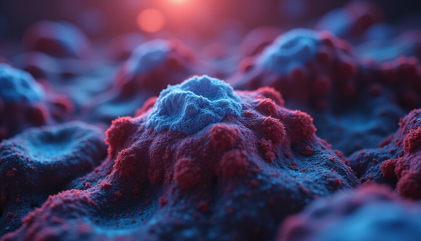  3D molecular visualization of androgen receptors on cancer cells, resistant tumors, red-blue heatmap overlay, dramatic lighting