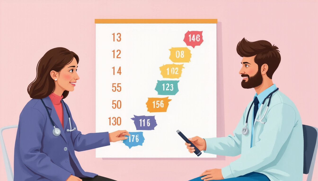  Doctor and patient reviewing a soothing downward dosage chart, soft pastel colors, hopeful expressions
