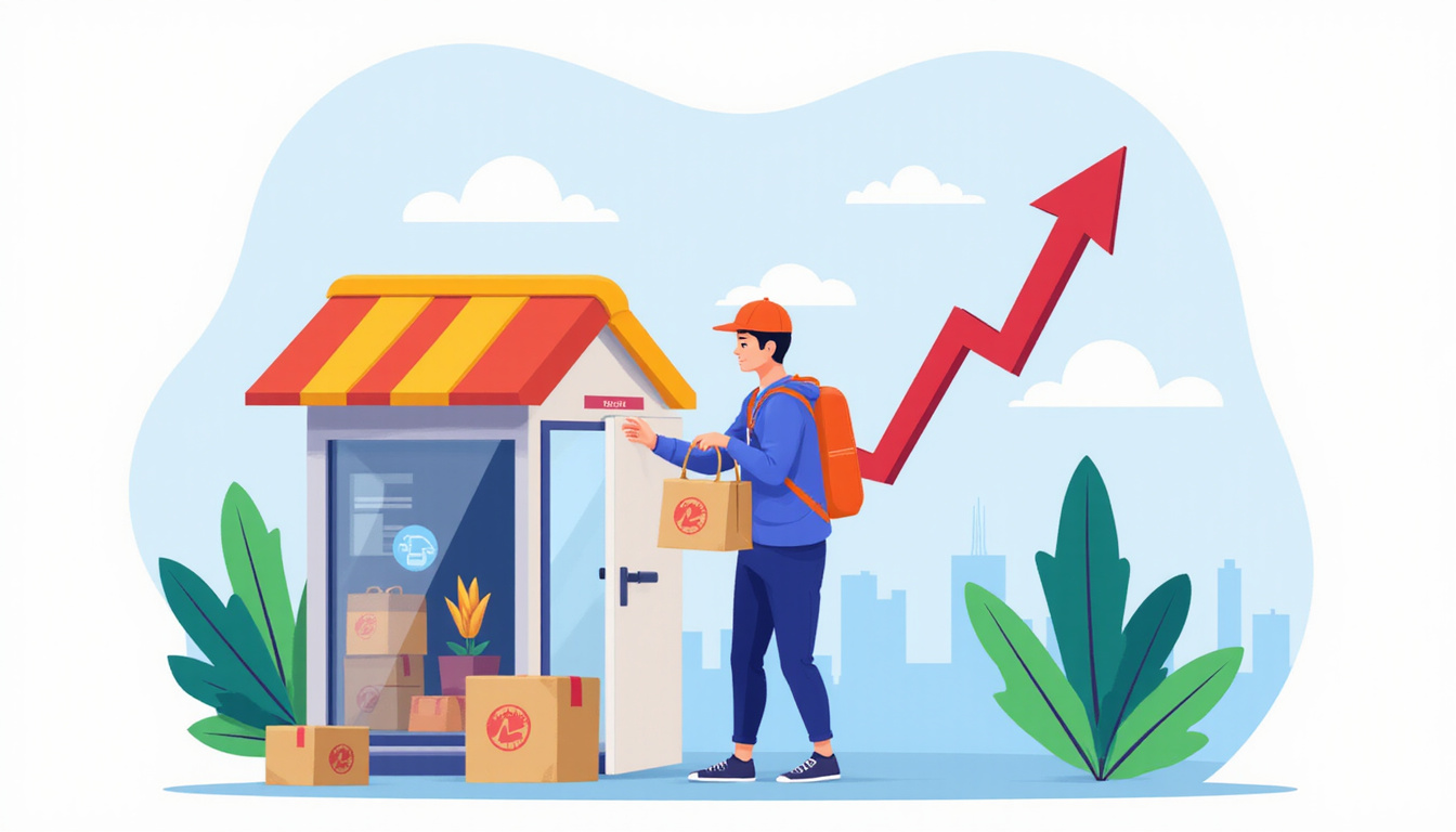 Delivery person placing branded door drop, local storefronts in background, rocket-shaped arrow indicating growth