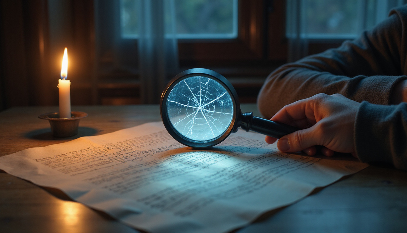 Homebuyer examining cracked deed by candlelight, magnifying glass revealing ghostly hidden claims