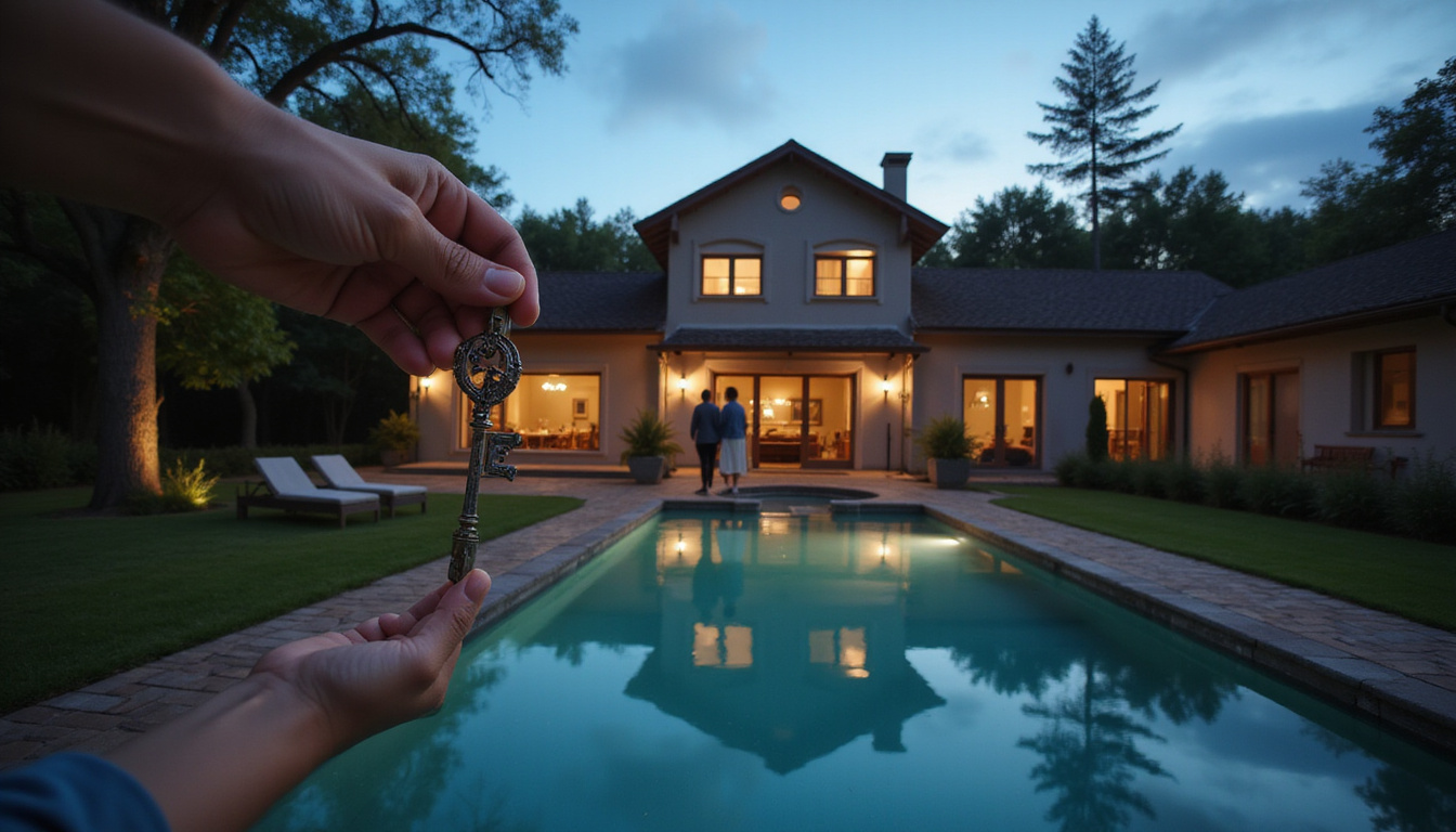 Luxury travel advisor handing vintage key to couple outside secluded villa at twilight