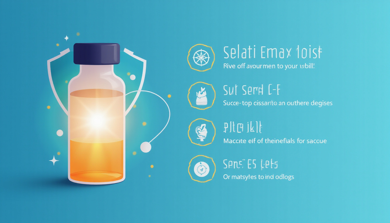  Minimalist infographic: vaccine vial, glowing protective shield, small side-effect icons, safety tips checklist