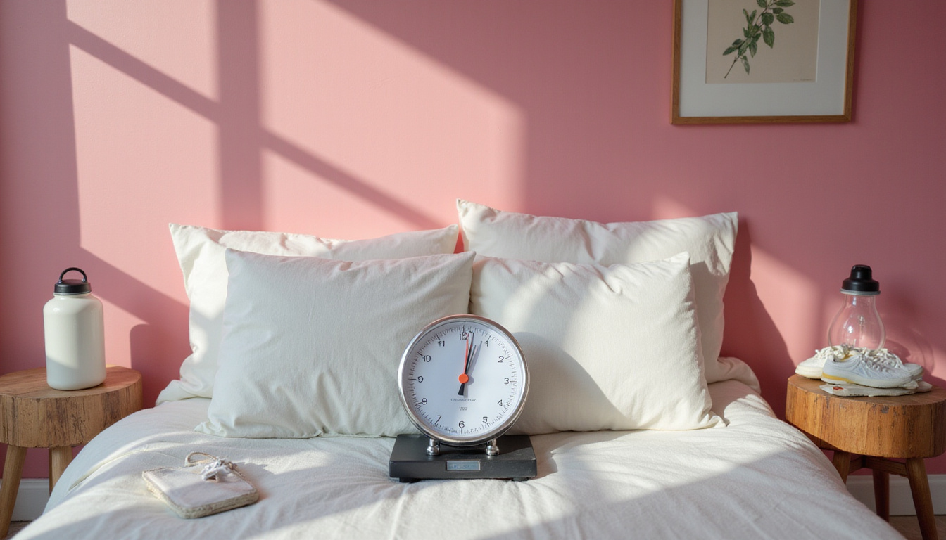  Minimalist bedroom: morning scale shows steady weight, journal checklist, sneakers, water bottle