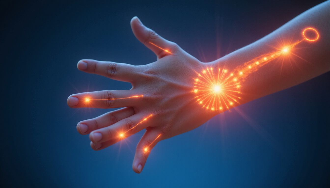  Close-up forearm and hand, glowing sensory zones, pain icons, simple legend, educational style