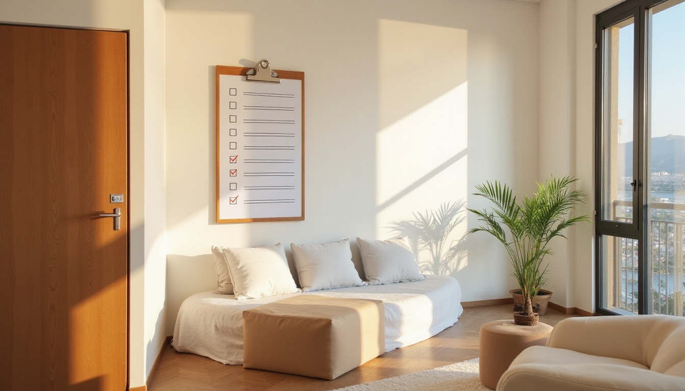  Minimalist apartment staged for fast move, cost-saving checklist on clipboard, warm natural light