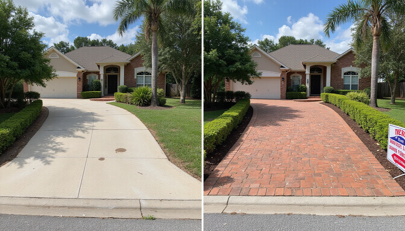 Before-and-after tidy driveway transformation, rusted sofa removed, bold cheap removal neon sign