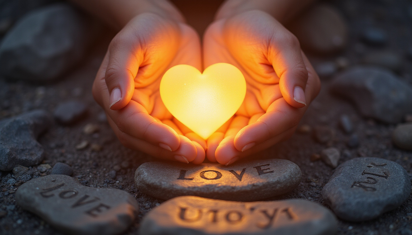 Hands open over glowing heart, stepping stones labeled prayer, humility, love leading to union