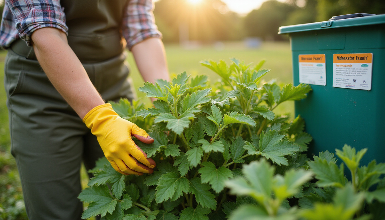 Gardener wearing gloves harvesting comfrey near compost bin, safety labels, soft sunlight