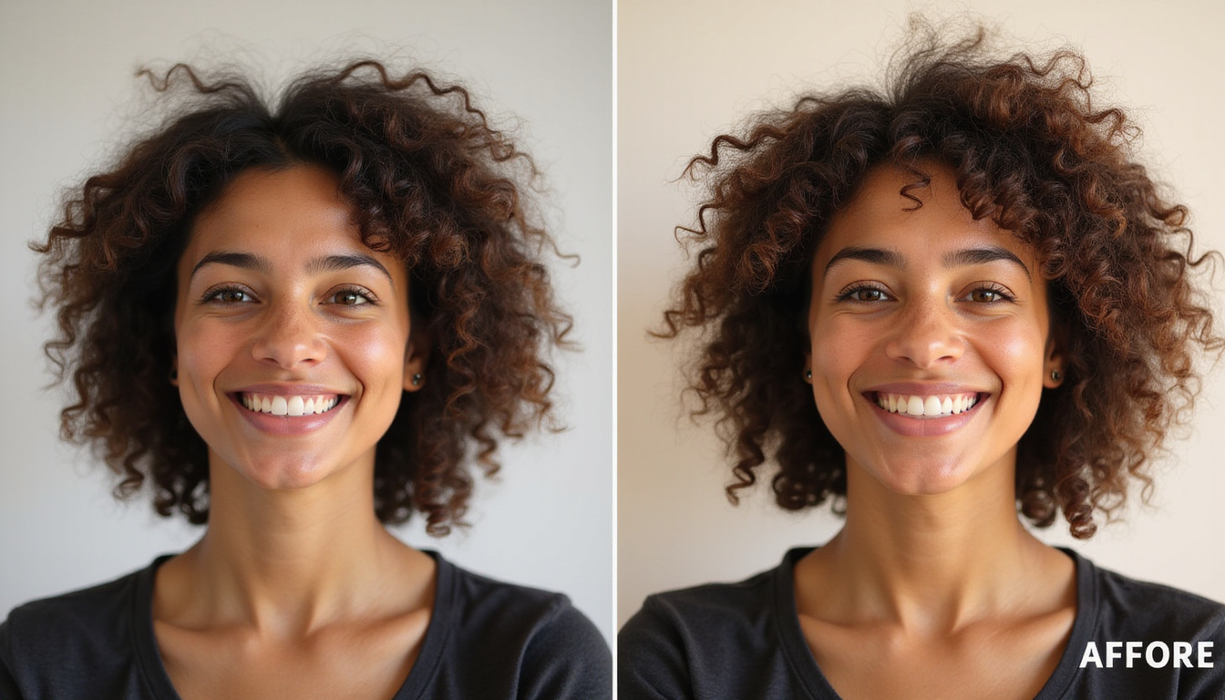  Split-screen before and after regrowth, checklist overlay, diverse smiling person, warm natural light