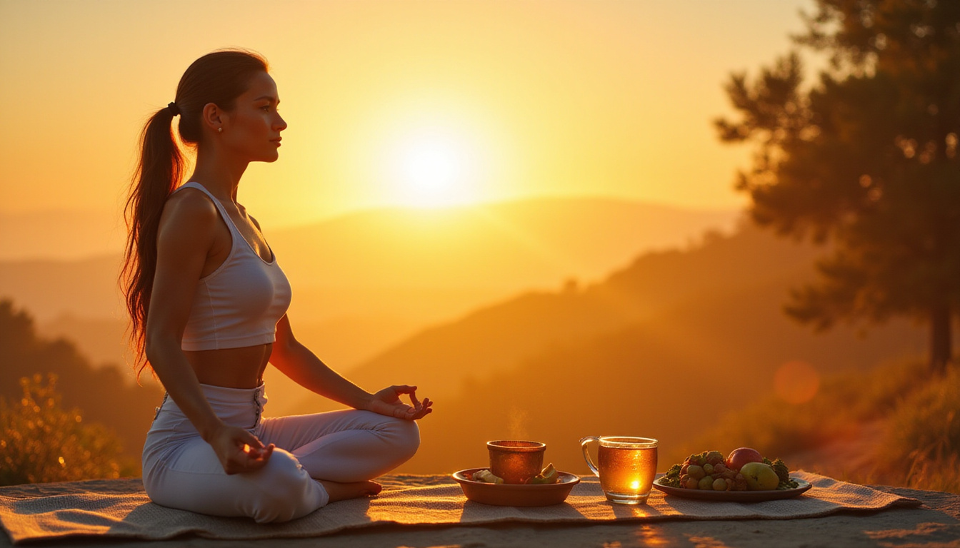  Serene woman practicing yoga beside herbal teas and fruits, balanced hormone energy, golden sunrise