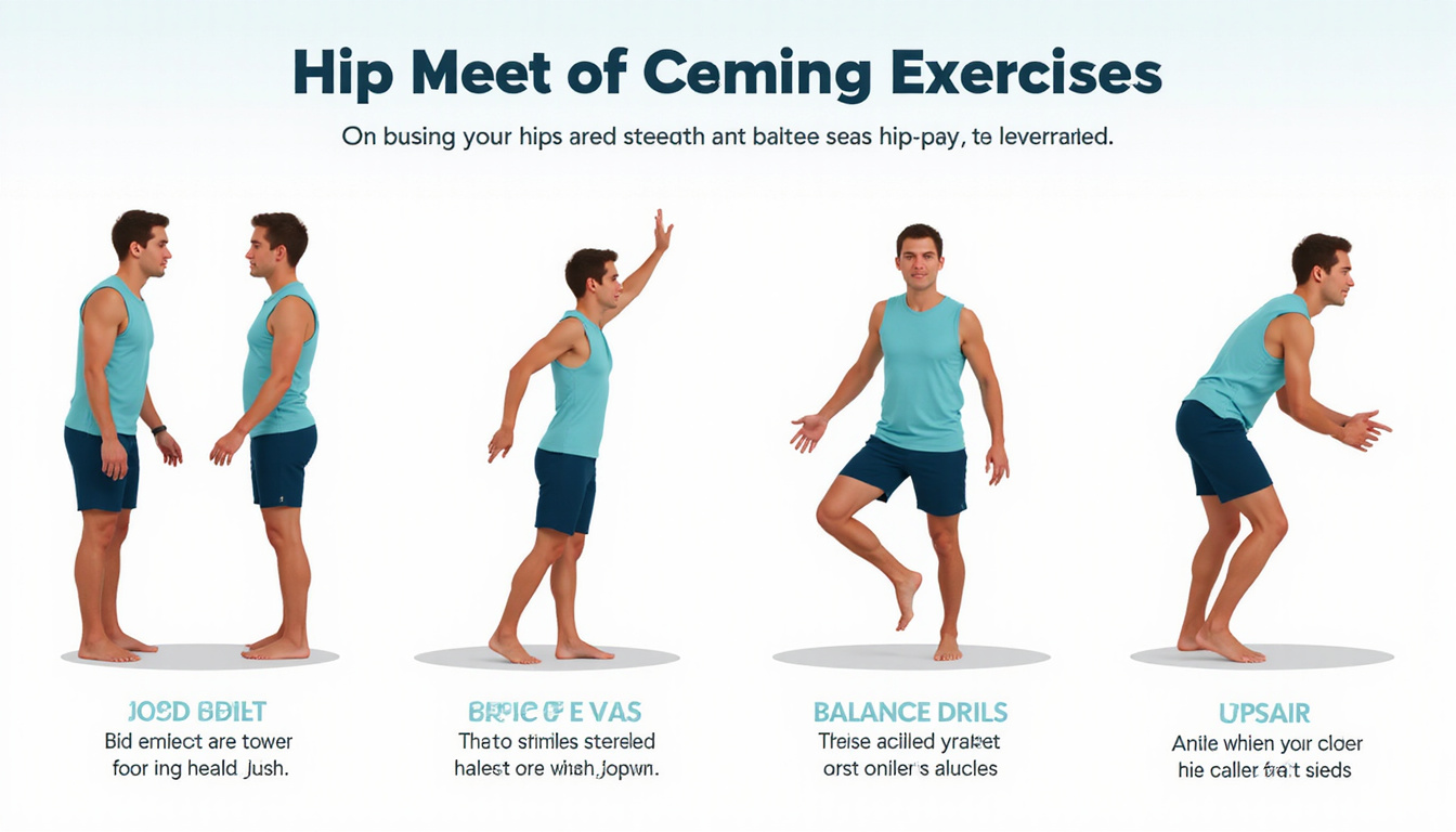  Infographic-style step-by-step hip replacement exercises: ankle pumps, leg lifts, balance drills, gentle stretches