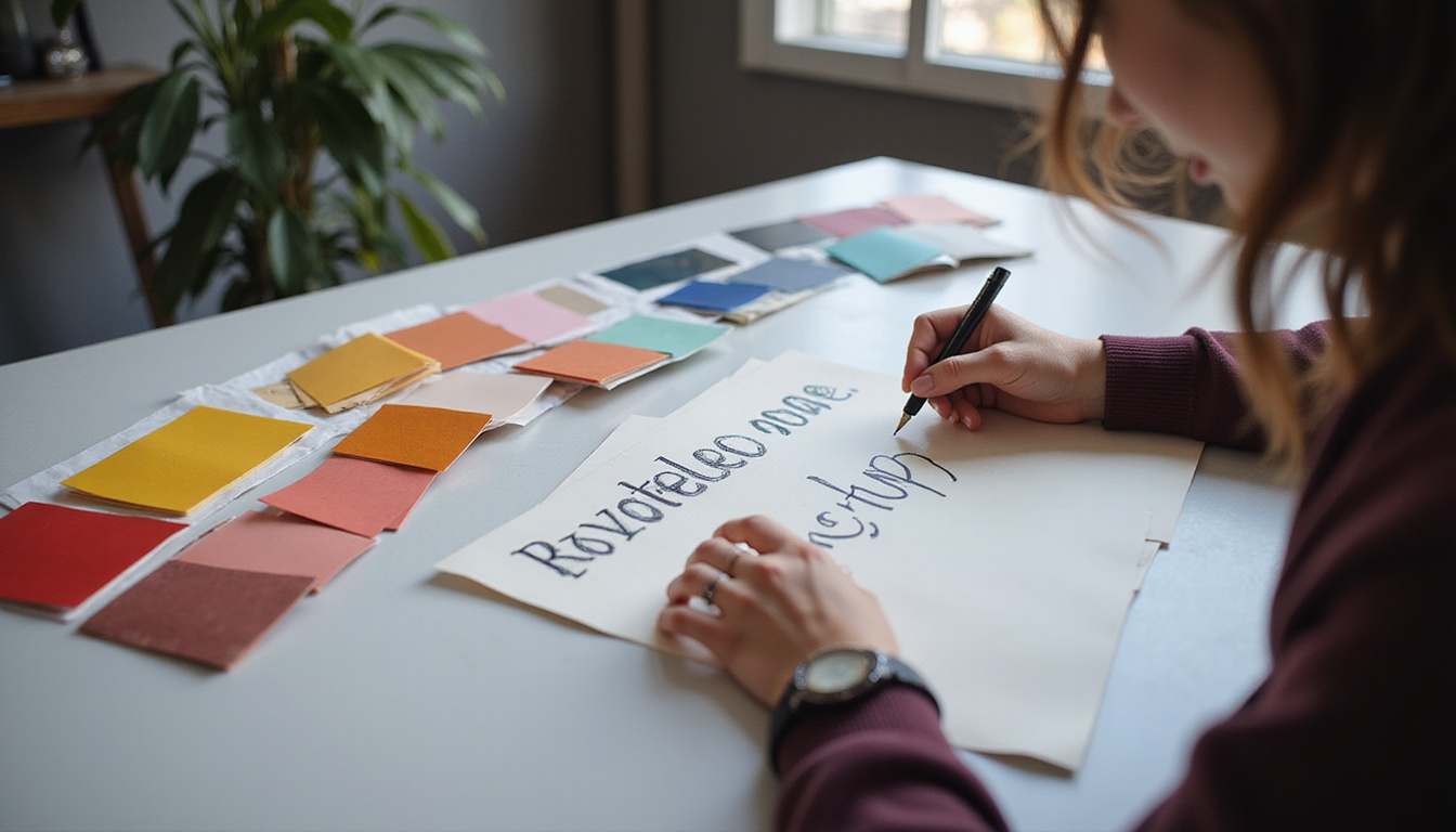  Designer sketching bold typography, color swatches, material samples and LED lighting mockups on table