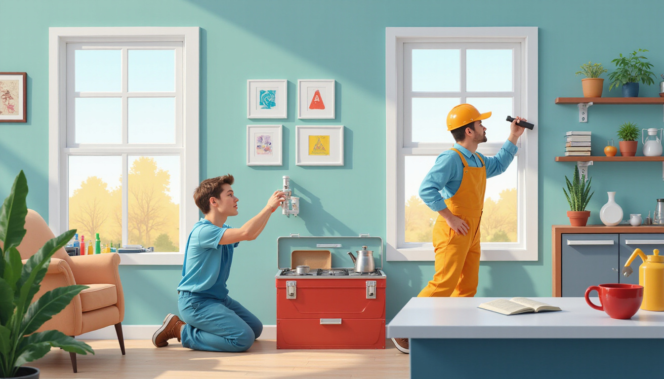  Interior checklist scene, person sealing windows, fixing pipes, organized toolbox, bright modern kitchen