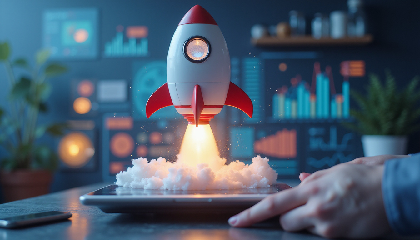 Data-driven marketing rocket launching from tablet, colorful infographics, motion blur, futuristic