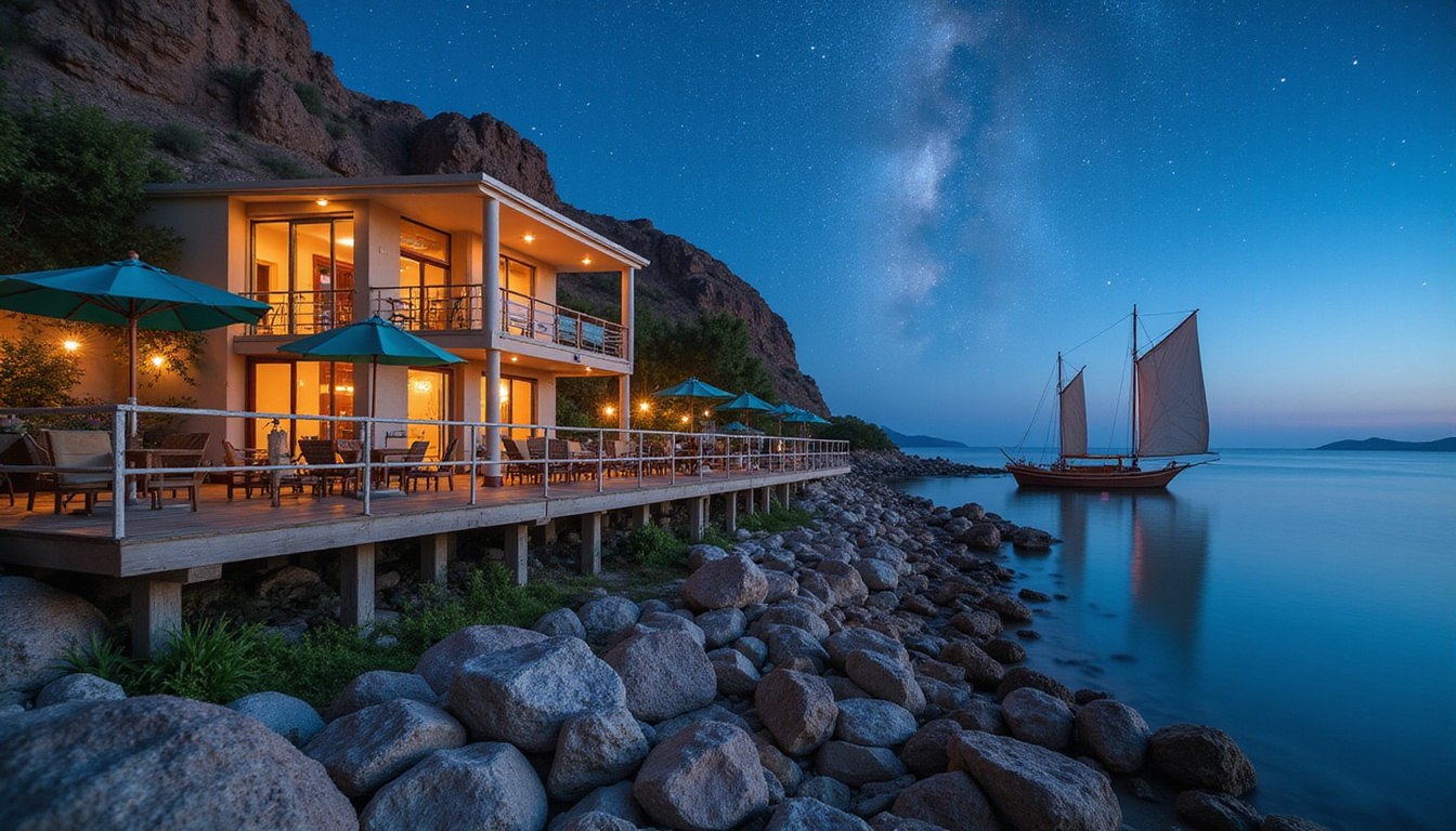  Budget guesthouse on rocky shoreline, wooden deck, colorful umbrellas, traditional felucca boats, starry sky
