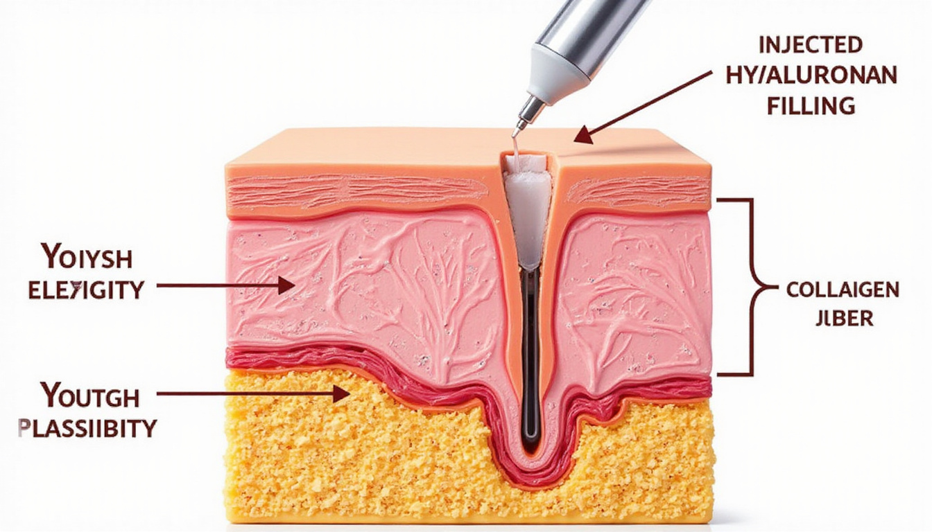  Cross-section illustration of skin, injected hyaluronan filling dermal layers, collagen fibers, youthful elasticity