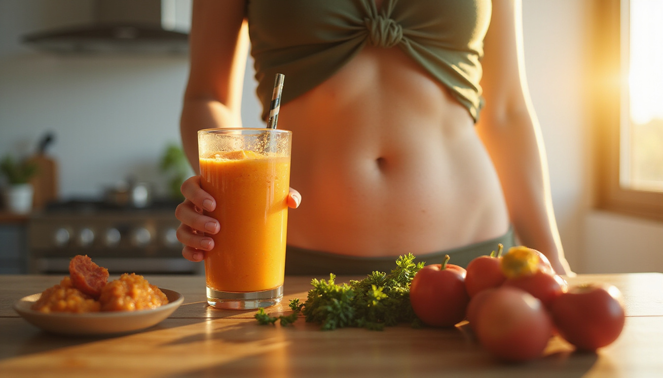 Healthy woman with glowing midsection holding spicy smoothie, sunlit kitchen, dynamic steam and motion