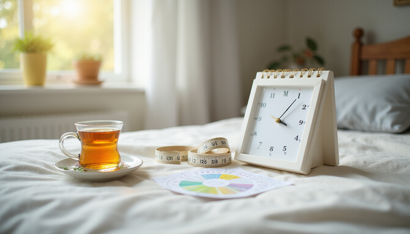  Calm bedside scene with calendar, mood charts, measuring tape, herbal tea, gentle morning sunlight