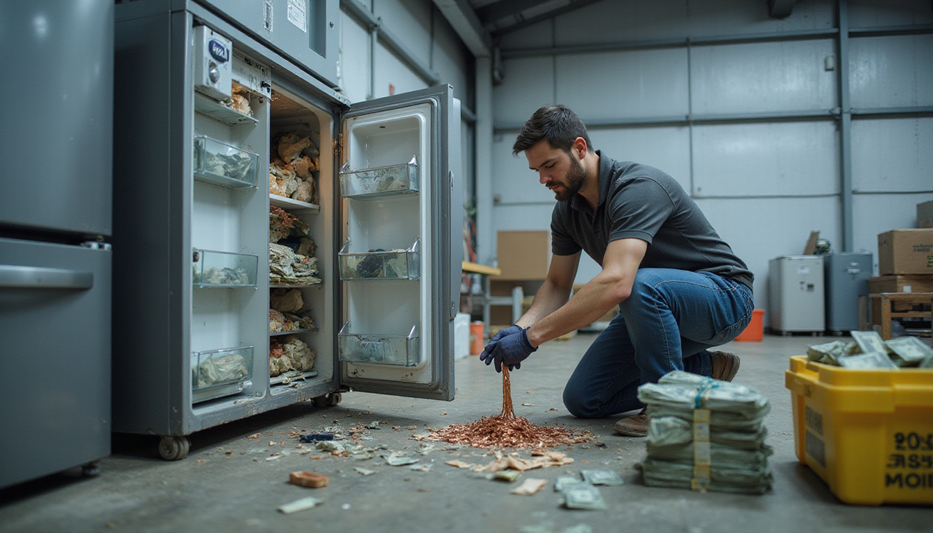 Technician dismantling refrigerator, copper wire gleaming, crates of cash, recycling center