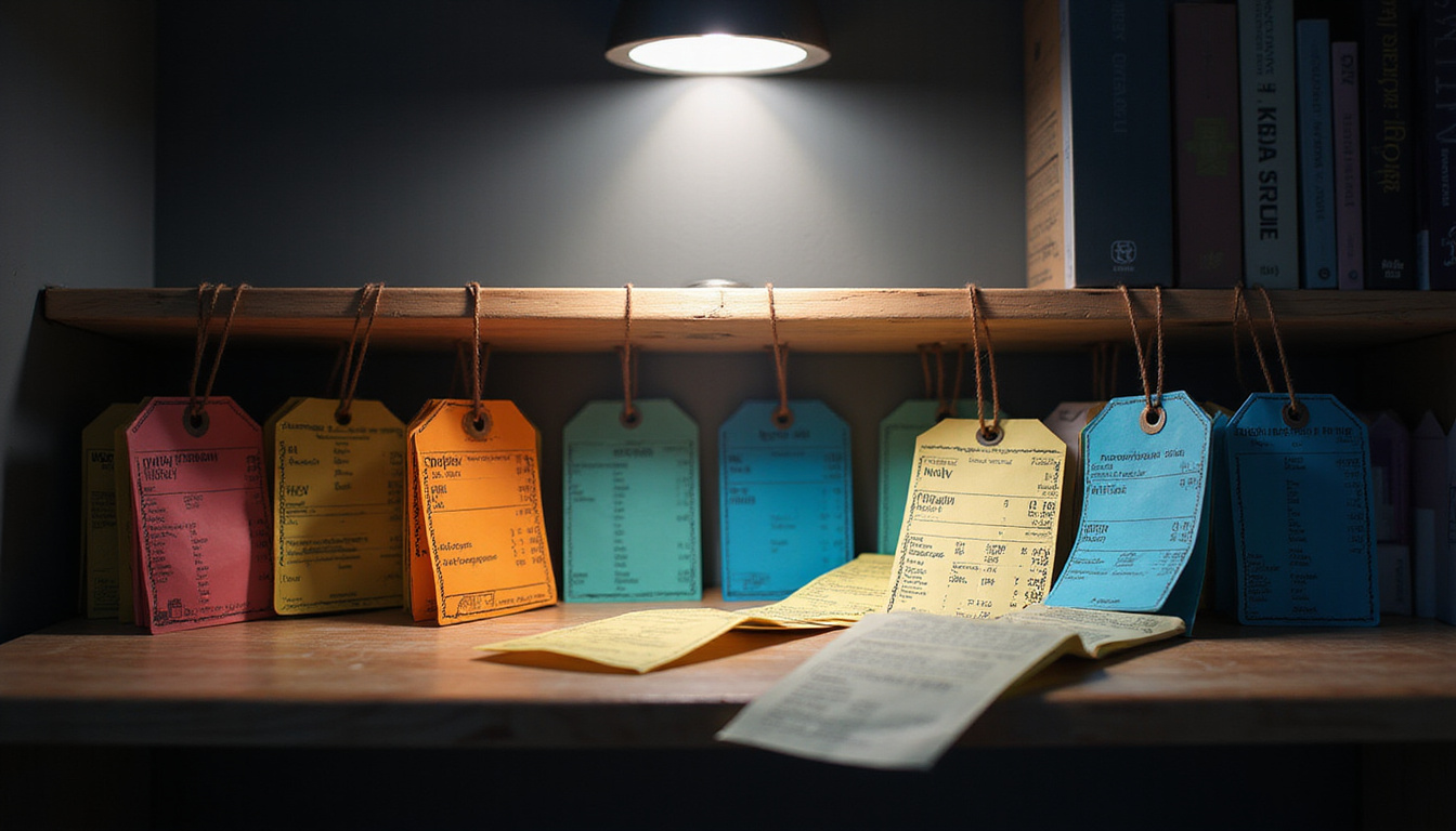  Hidden shelf of secret price tags revealed by flashlight, anxious student reading receipt, dramatic shadows