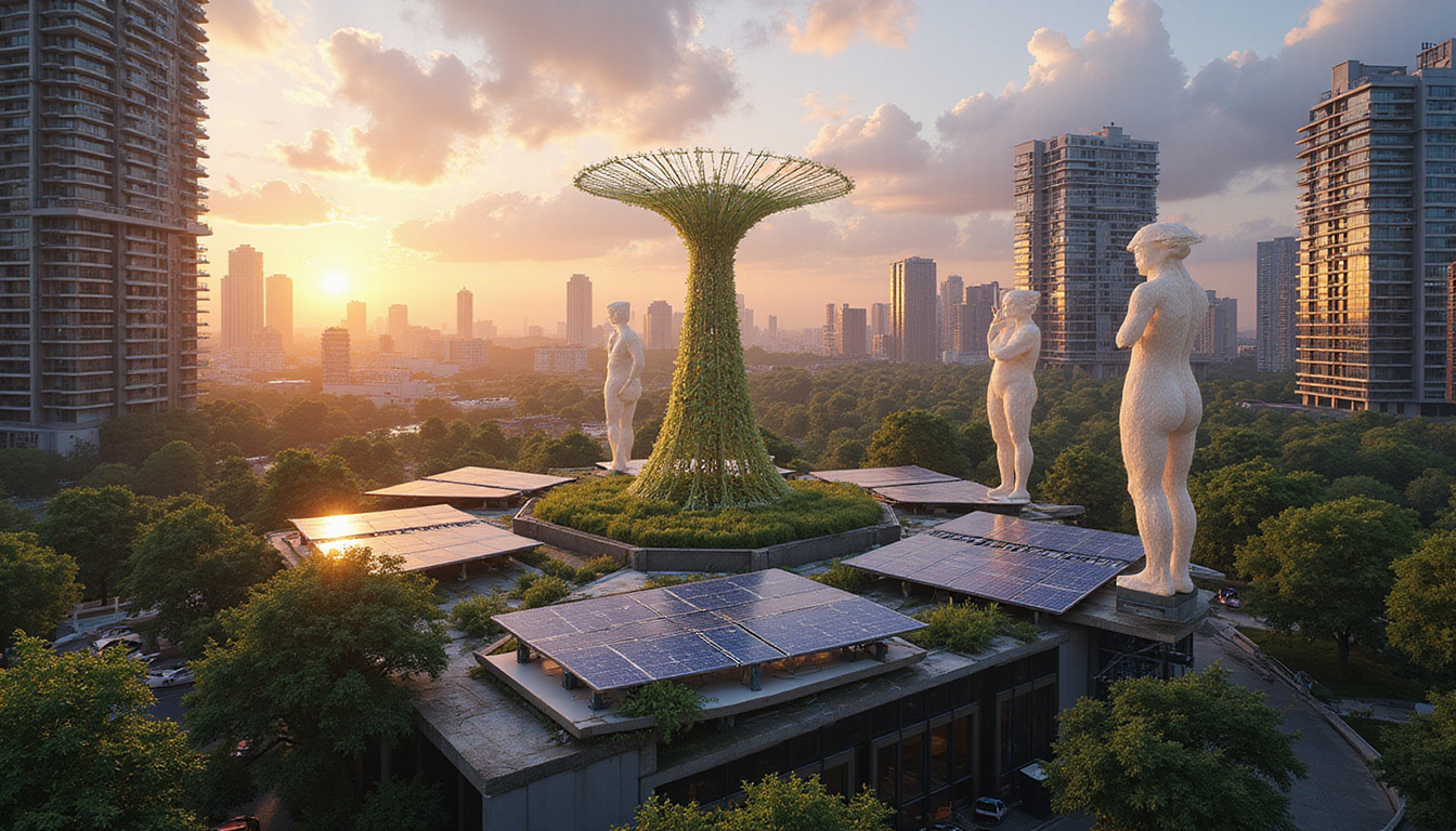  Modern city rooftop forest inhabited by translucent ancestral guardians, solar panels, sustainable architecture, cinematic dawn