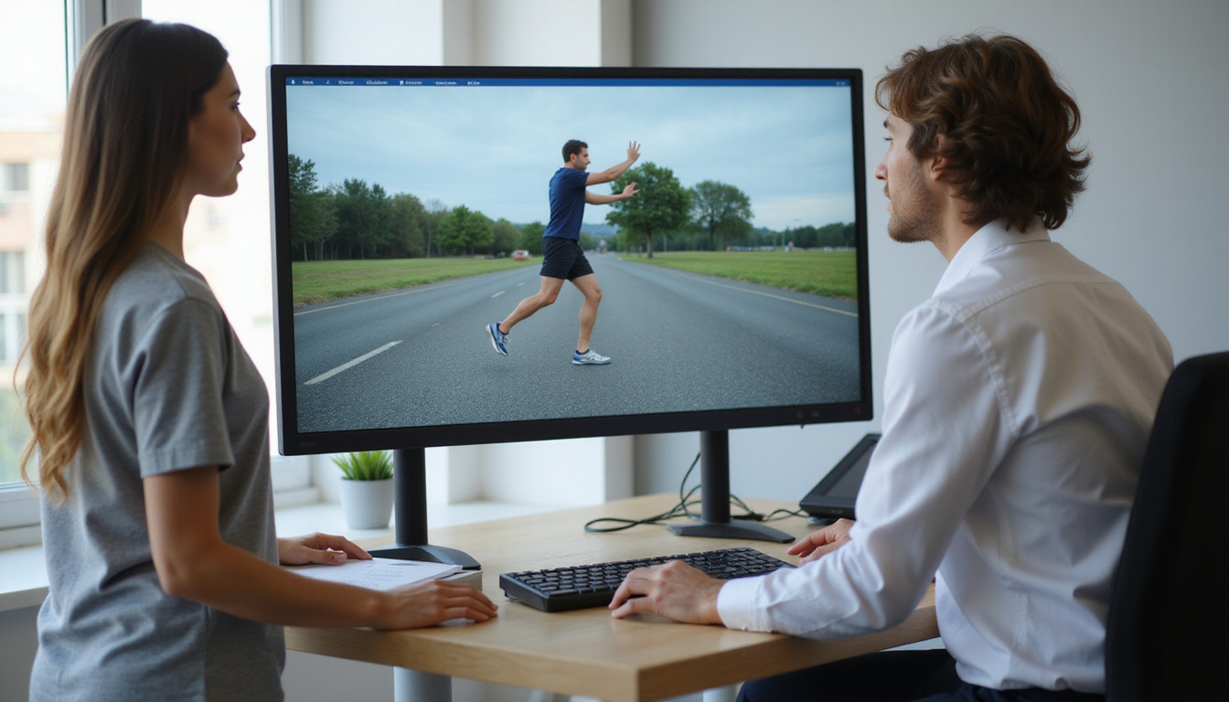  Physiotherapist analyzing motion capture and gait video, athlete performing single leg hop for balance outdoors