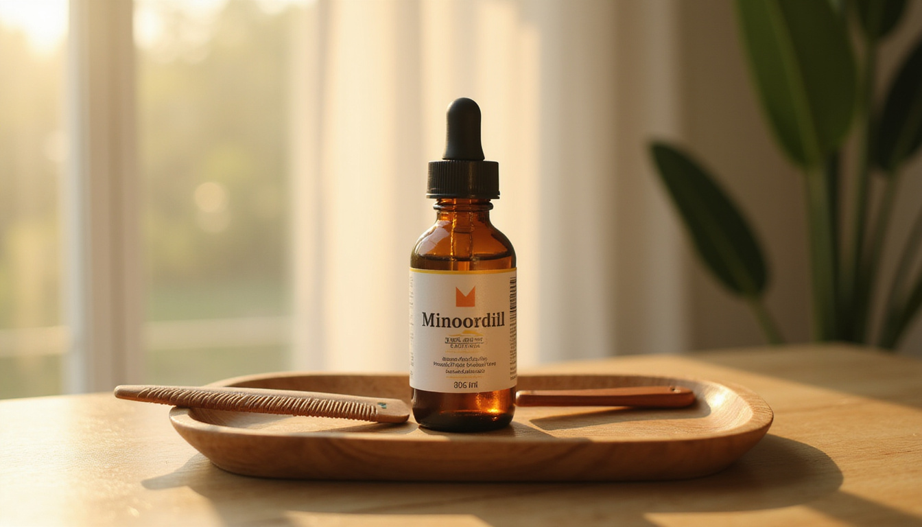  Minoxidil bottle on wooden tray, morning sunlight, comb, before and after photo montage