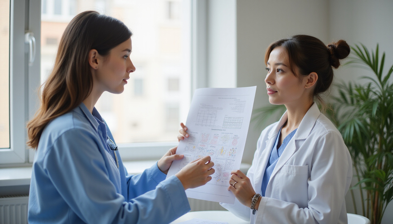  Clinic consultation scene, female patient and doctor discussing fertility chart, warm supportive lighting