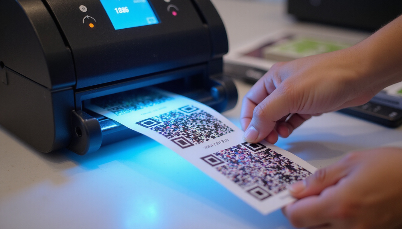  Smart label workshop: thermal printer, holographic QR stickers, hands applying to craft packaging, vibrant lighting
