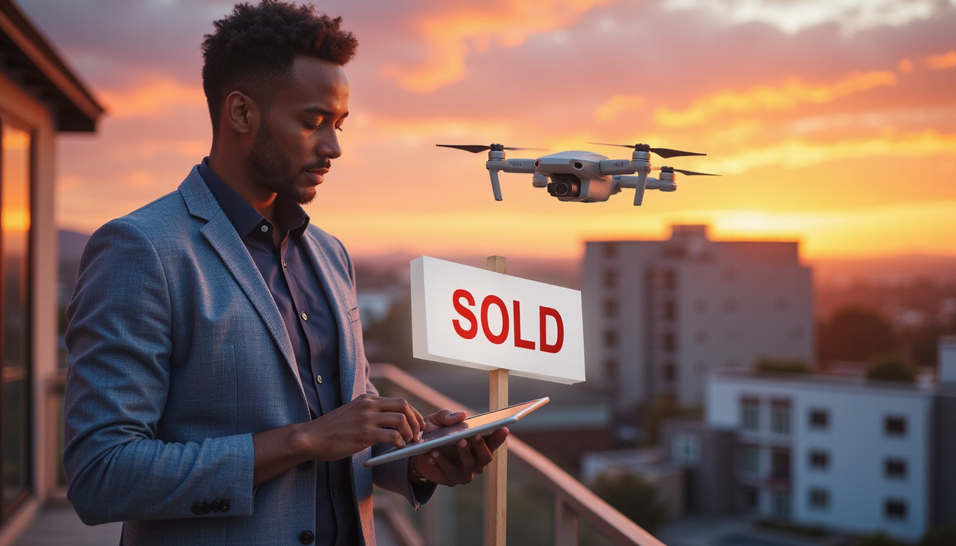 Modern agent with tablet, virtual staging overlay, drone shot, SOLD sign, vibrant sunset
