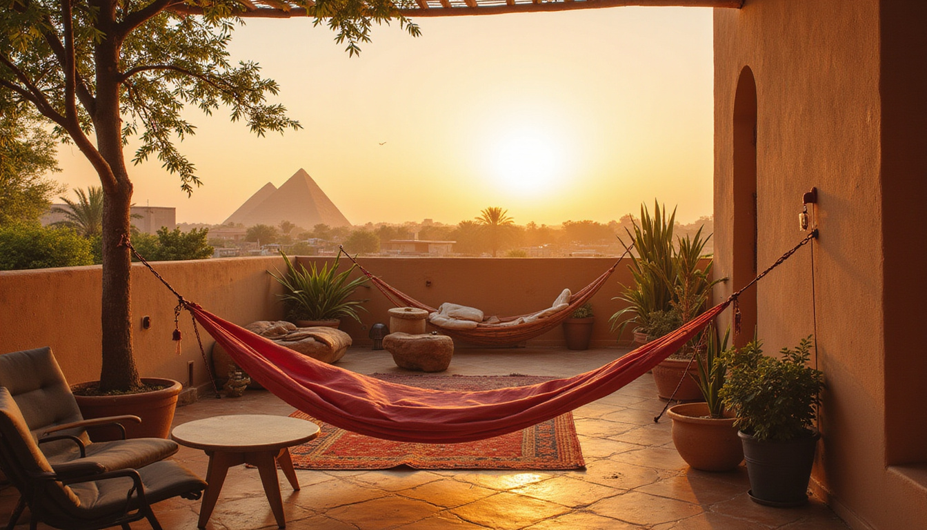 Cozy rooftop terrace with hammock, golden Nile light, affordable luxury touches, travel map pinned