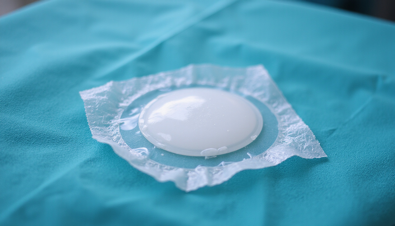  Sterile operating room close-up of translucent biodegradable hydrogel patch sealing wound, cells regenerating