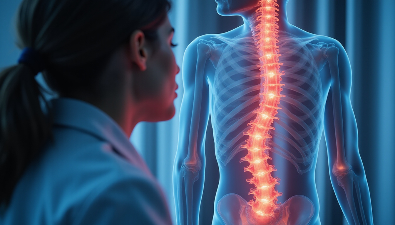 Translucent spine anatomy overlay highlighting medial branch nerves, red danger markers, patient listening to doctor