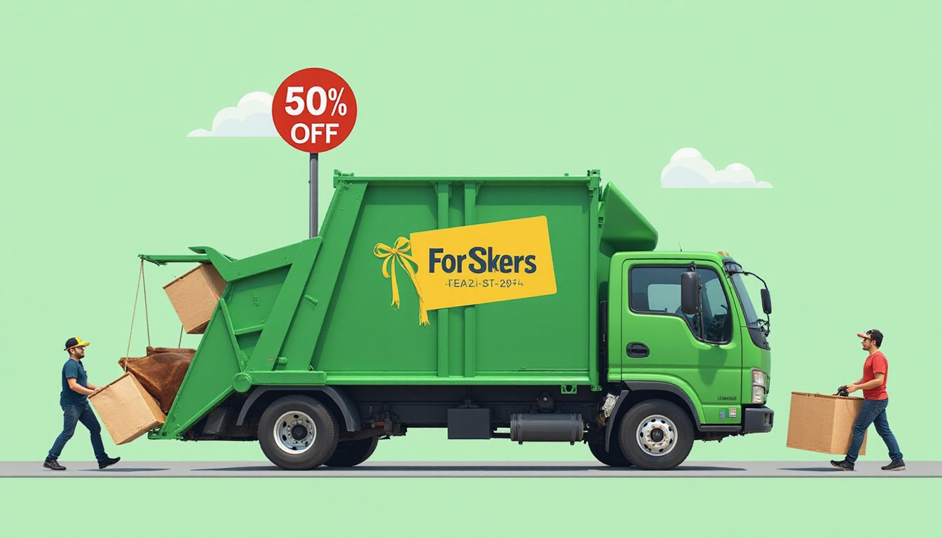 Compact green disposal truck, bold 50 percent off coupon magnetized, workers swiftly loading furniture, no-hassle vibe