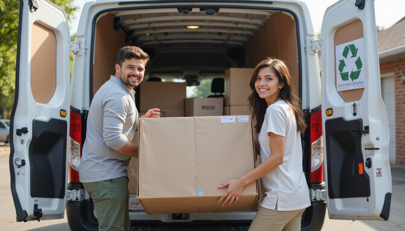 Volunteers loading sofa into labeled donation van, smiling, sunlight, recycling icons, organized boxes