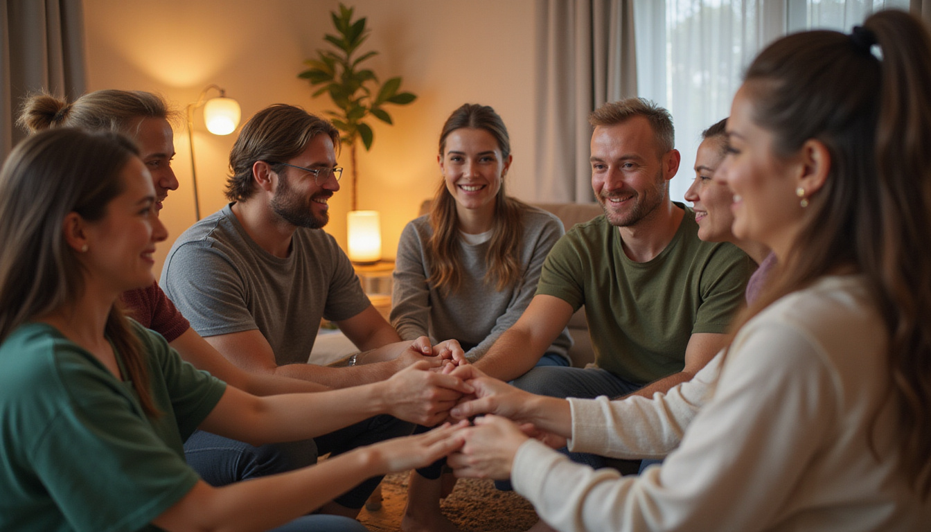 Evening gratitude circle, diverse family holding hands, gentle smiles, serene living room, calming colors