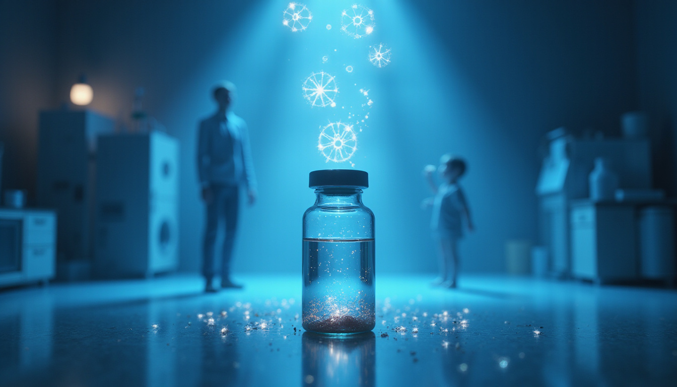  Futuristic laboratory vial emitting soft blue light, floating pain icons dissolving, hopeful clinician silhouette
