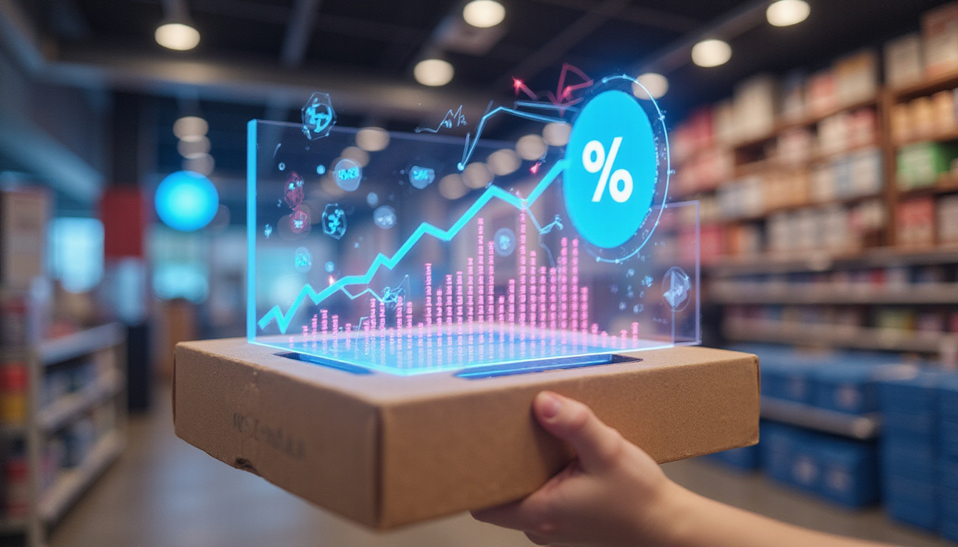  Interactive AR packaging projecting rising sales graphs and animated brand logos in vibrant retail display