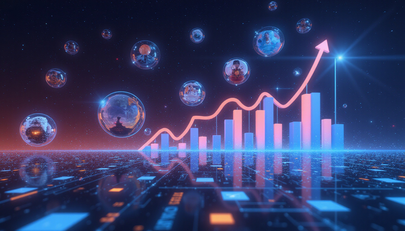  Futuristic dashboard with rising conversion graphs, product images orbiting search results