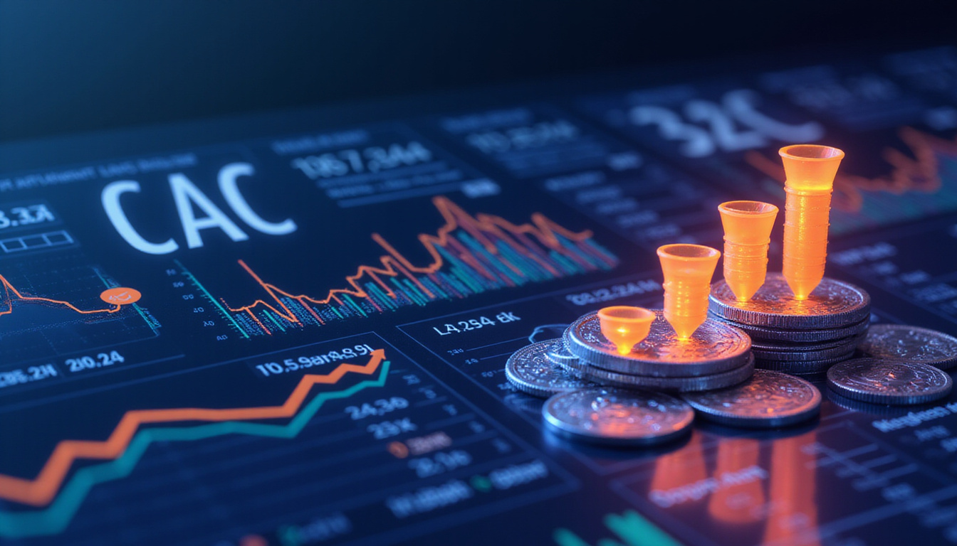 Digital dashboard with CAC payback countdown, conversion funnels, coins stacking, glowing optimization icons