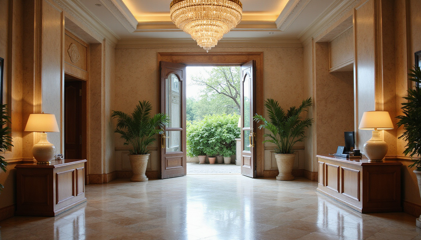 Opulent marble lobby, crystal chandelier, concierge revealing secret rooftop garden door, cinematic lighting
