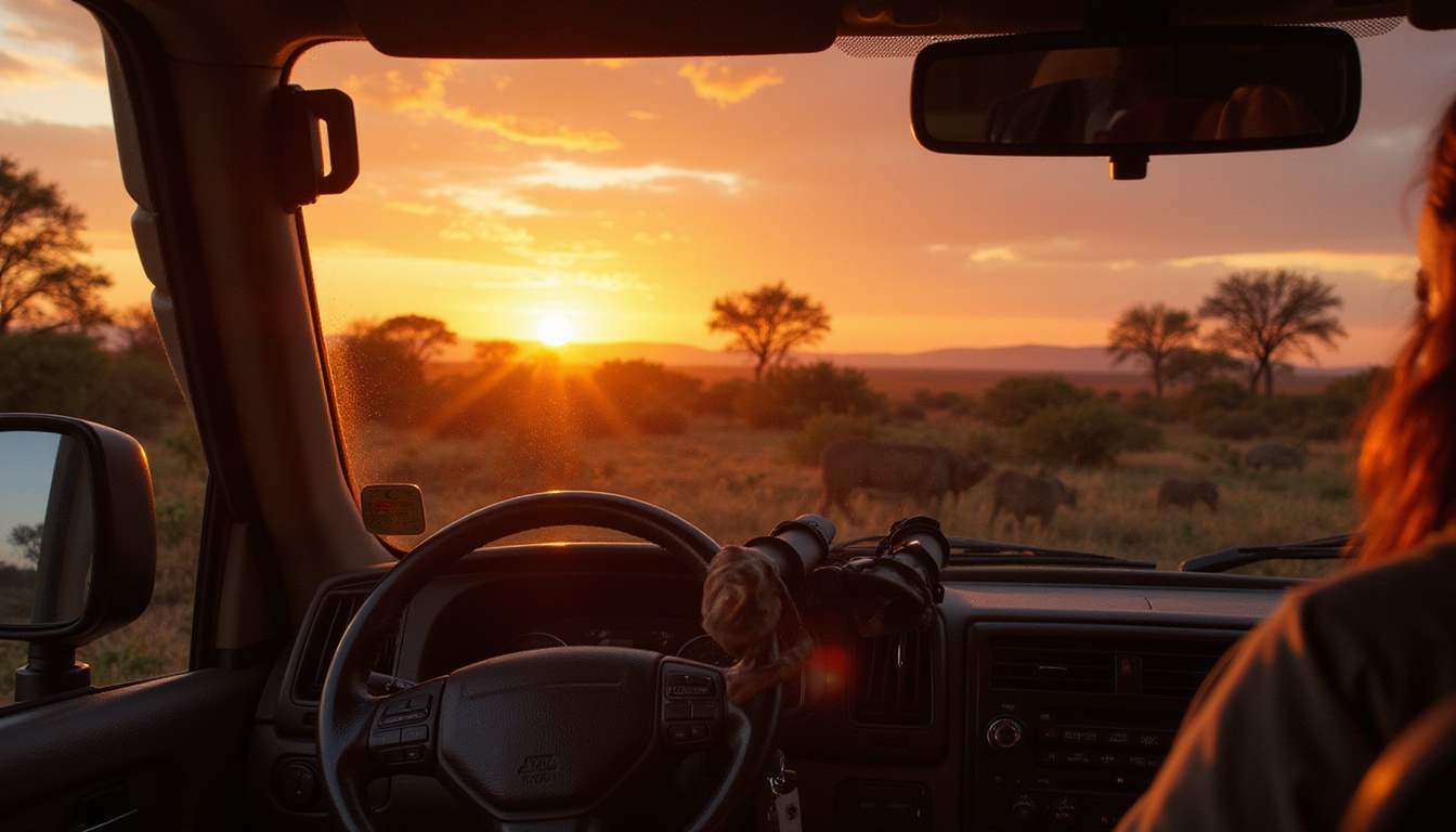 Intimate guide-led game drive at dusk, lion pride silhouetted, cinematic warm light, deluxe binoculars