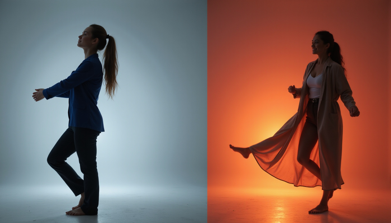 Before-and-after split image: stiff posture to fluid movement, illuminated nerves, hopeful smile