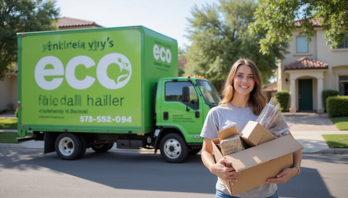  Eco friendly junk hauling truck, organized donated items, homeowner smiling, Temecula suburban street