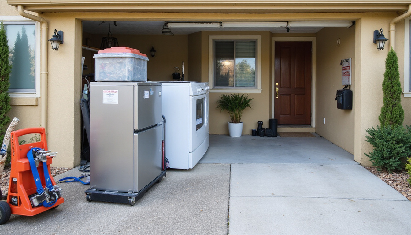 Organized home cleanup, labeled items, appliance dolly, heavy-duty straps, before-and-after clean driveway, sunny