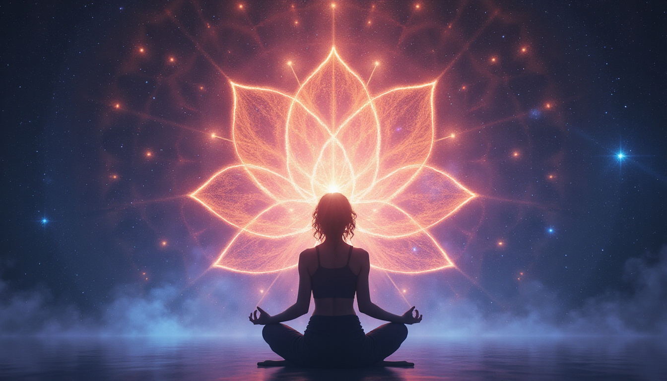 Ethereal silhouette practicing fasting ritual, lotus chakra radiating light, cosmic cleansing, healing aura