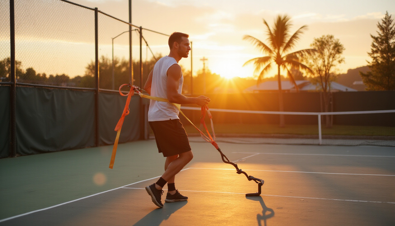  Coach demonstrating stability drill with resistance band, agility ladder, sunset-lit outdoor pickleball court