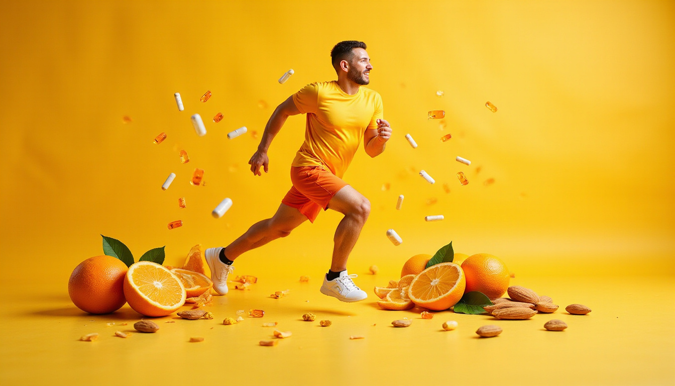  Energetic athlete surrounded by floating vitamin E capsules, immune shield, vibrant citrus and almond motifs